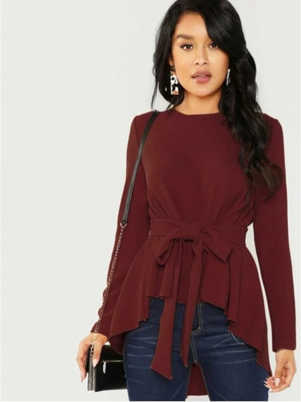 SHEIN Burgundy Tie-Front Peplum Tunic